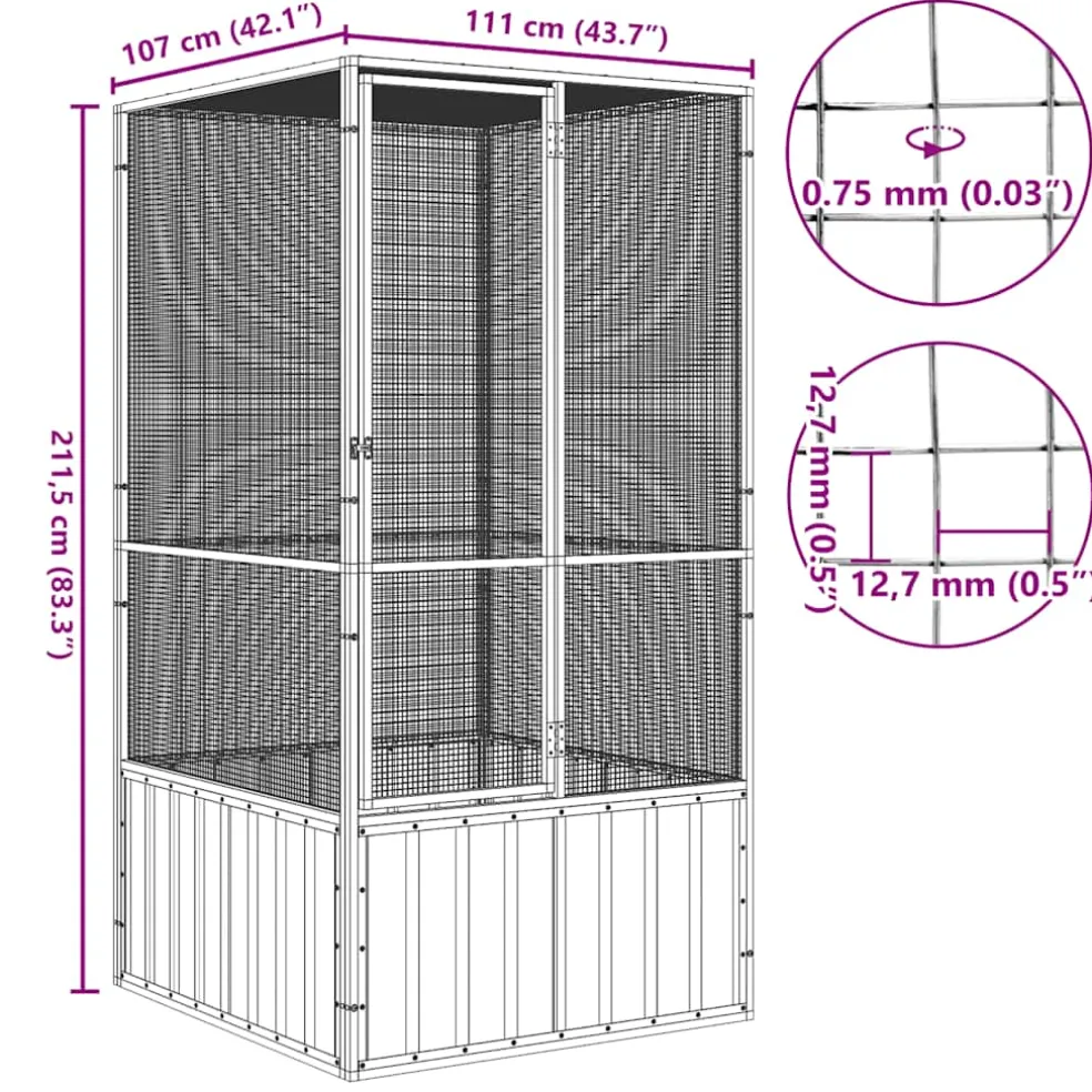 vidaXL Vogelkooi 111x107x211,5 cm gegalvaniseerd staal antracietkleur
