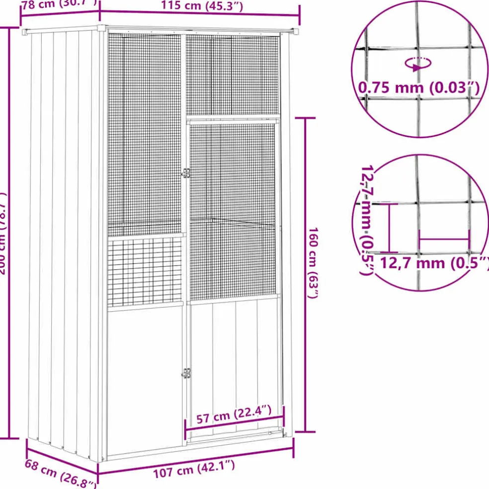 vidaXL Vogelkooi 115x78x200 cm gegalvaniseerd staal grijs