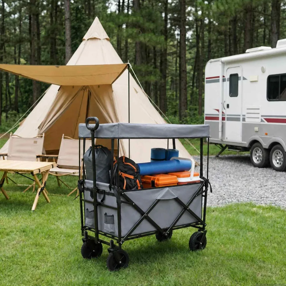 vidaXL Vouwbare winkelwagentje met remmen Grijs 105 x 56,5 x 116 cm