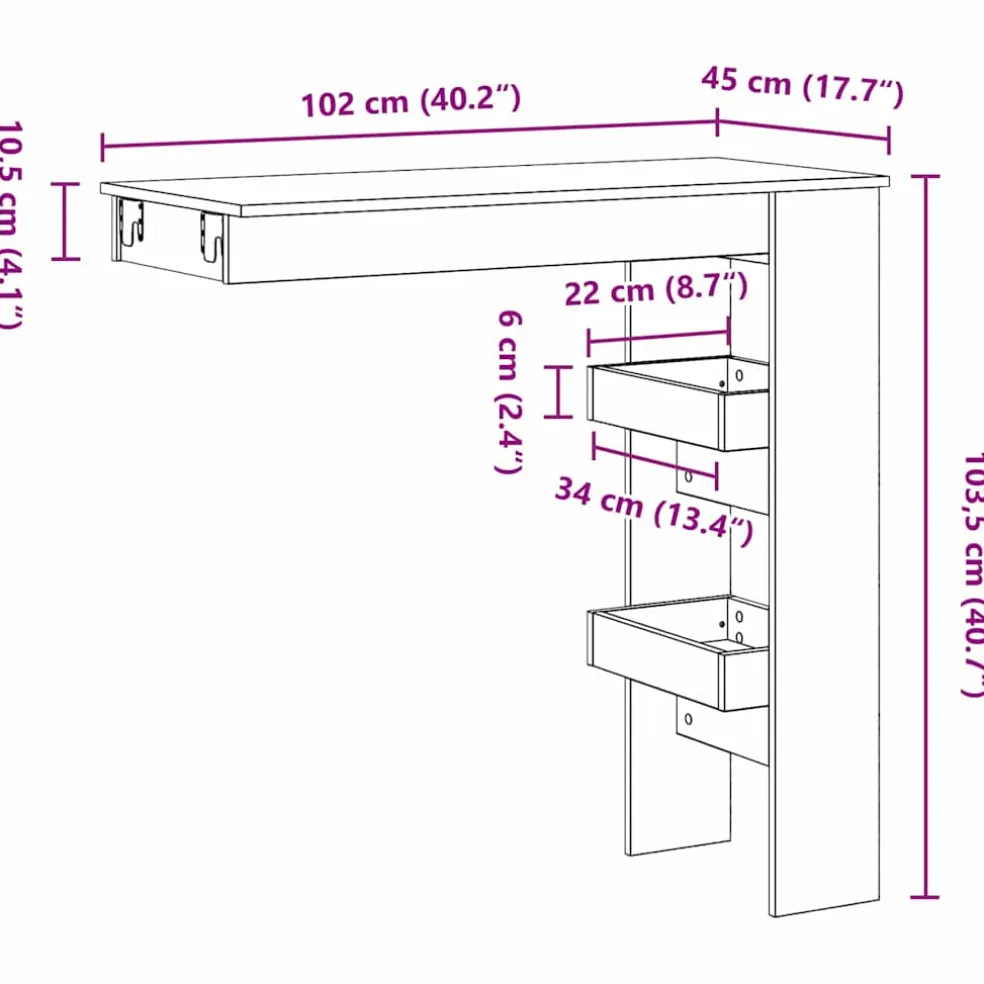 vidaXL Wandbar Tafel 102 x 45 x 103,5 cm Bewerkt hout Zwart Eiken