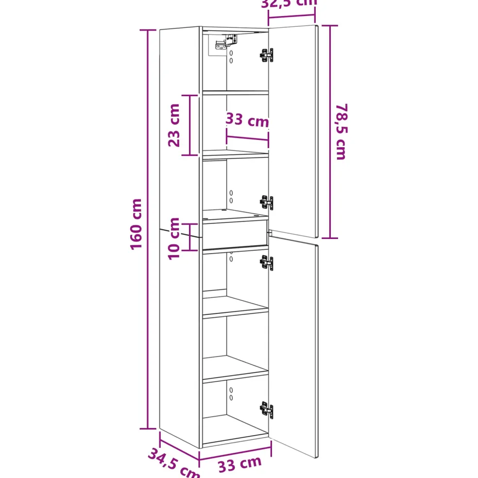 vidaXL Wand Gemonteerde Badkamerkast Wit 33 x 34,5 x 160 cm