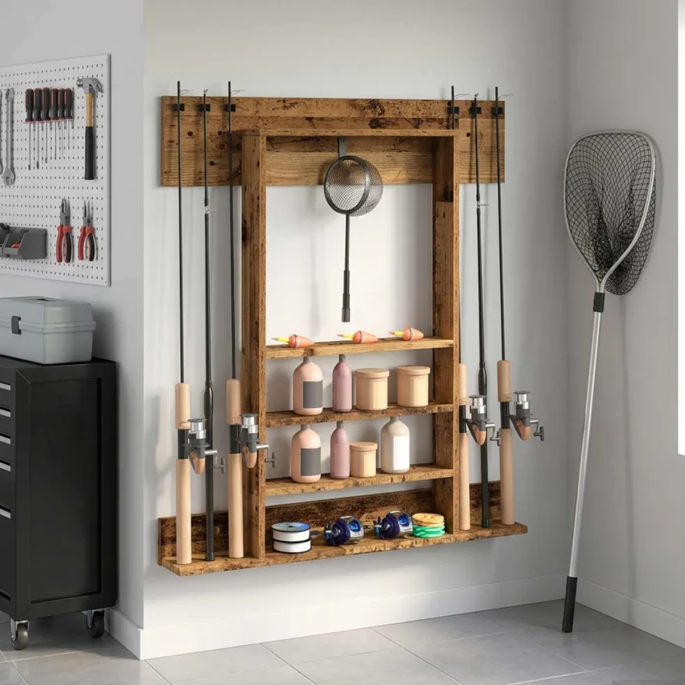 vidaXL Wandgemonteerde hengelhouder Bewerkt hout 93 x 12 x 103 cm