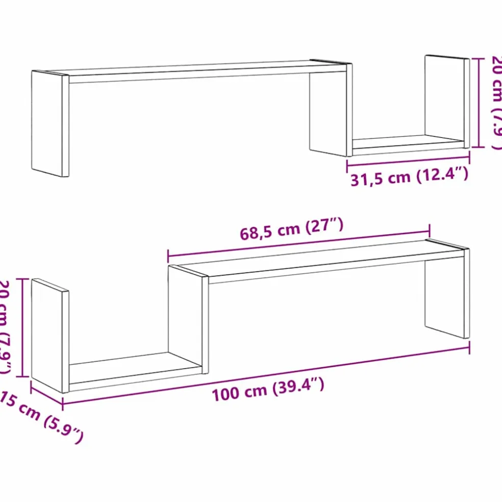 vidaXL Wandplank 2 st Zwart Eiken 100 x 15 x 20 cm Bewerkt hout