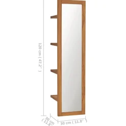 vidaXL Wandspiegel met schappen 30x30x120 cm massief teakhout