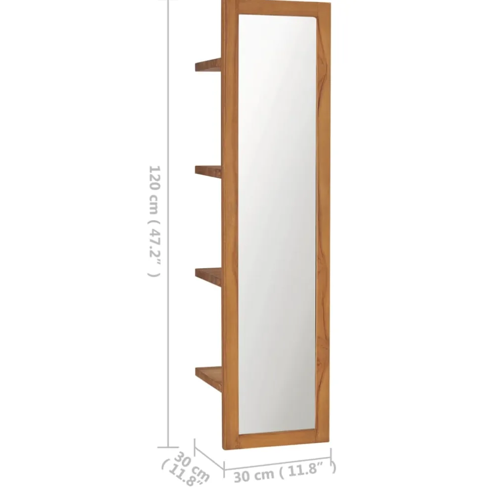 vidaXL Wandspiegel met schappen 30x30x120 cm massief teakhout