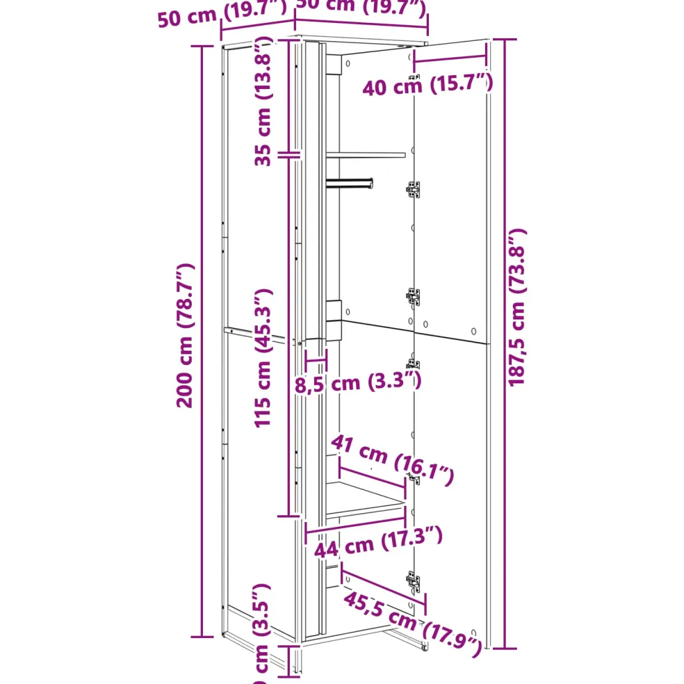 vidaXL Warderobe Ambachtelijk eiken 50 x 50 x 200 cm Bewerkt hout