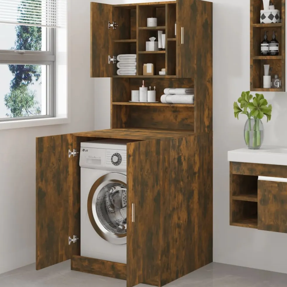 vidaXL Wasmachinekast bewerkt hout gerookt eikenkleurig
