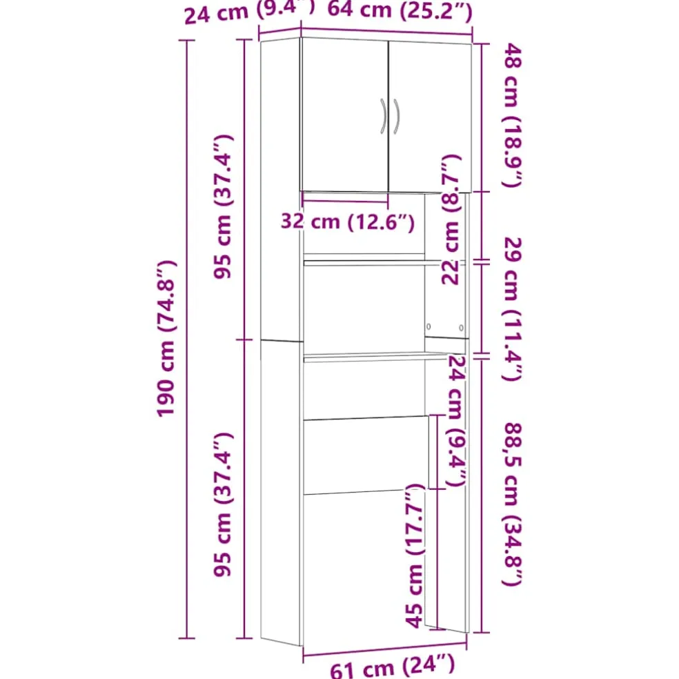 vidaXL Wasmachinekast 64x24x190 cm bewerkt hout artisanaal eikenkleur
