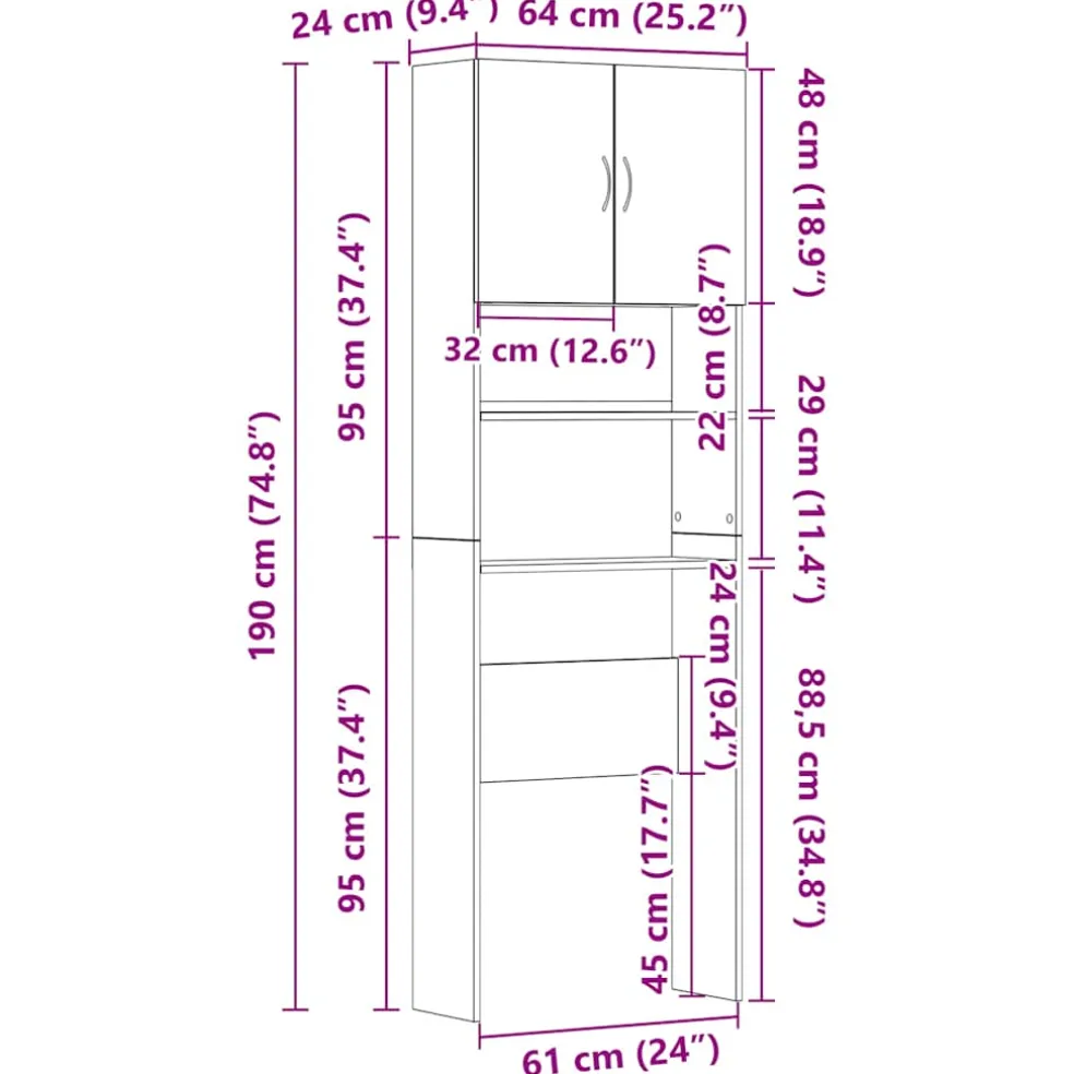 vidaXL Wasmachinekast 64x24x190 cm bewerkt hout betongrijs