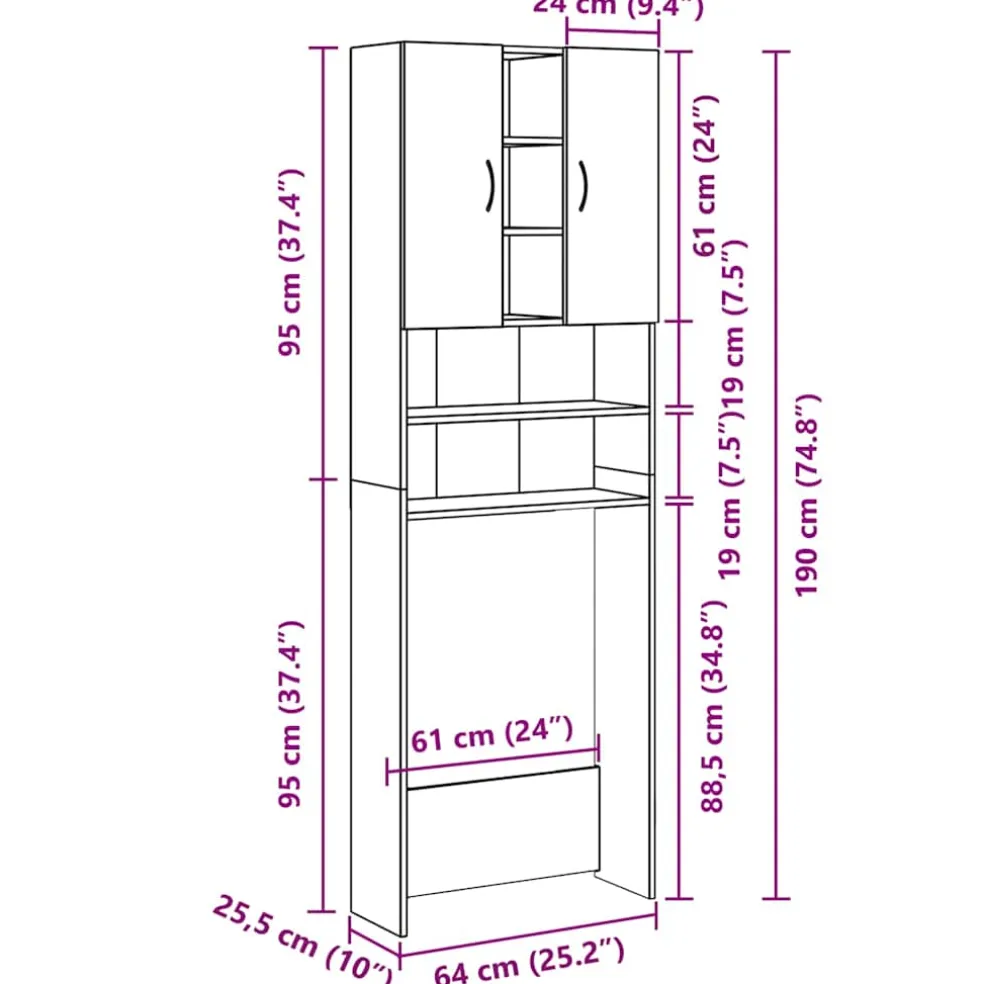 vidaXL Wasmachinekast 64x25,5x190 cm betongrijs