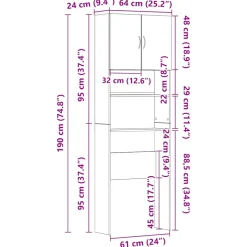 vidaXL Wasmachinekast 64x24x190 cm betongrijs