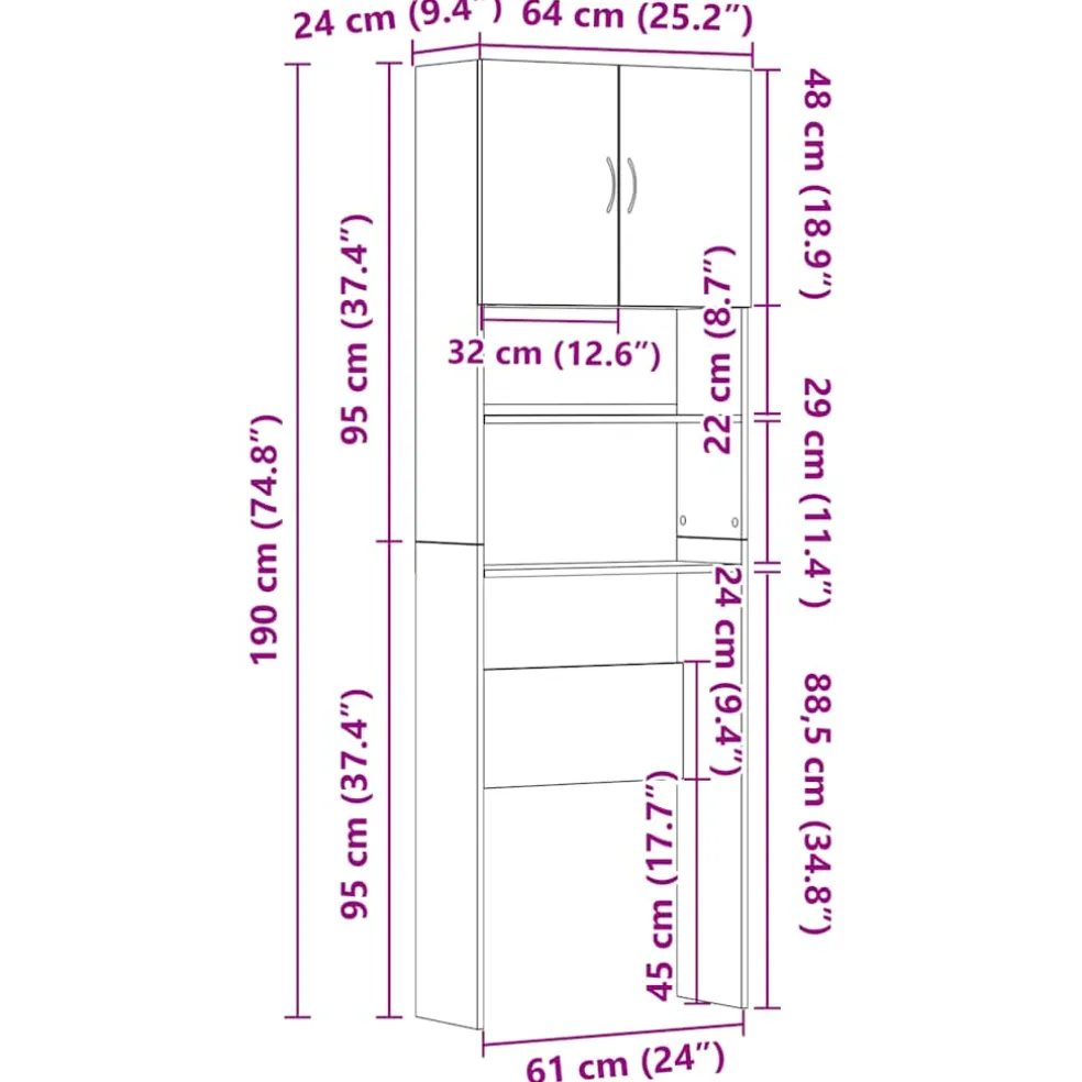 vidaXL Wasmachinekast 64x24x190 cm betongrijs