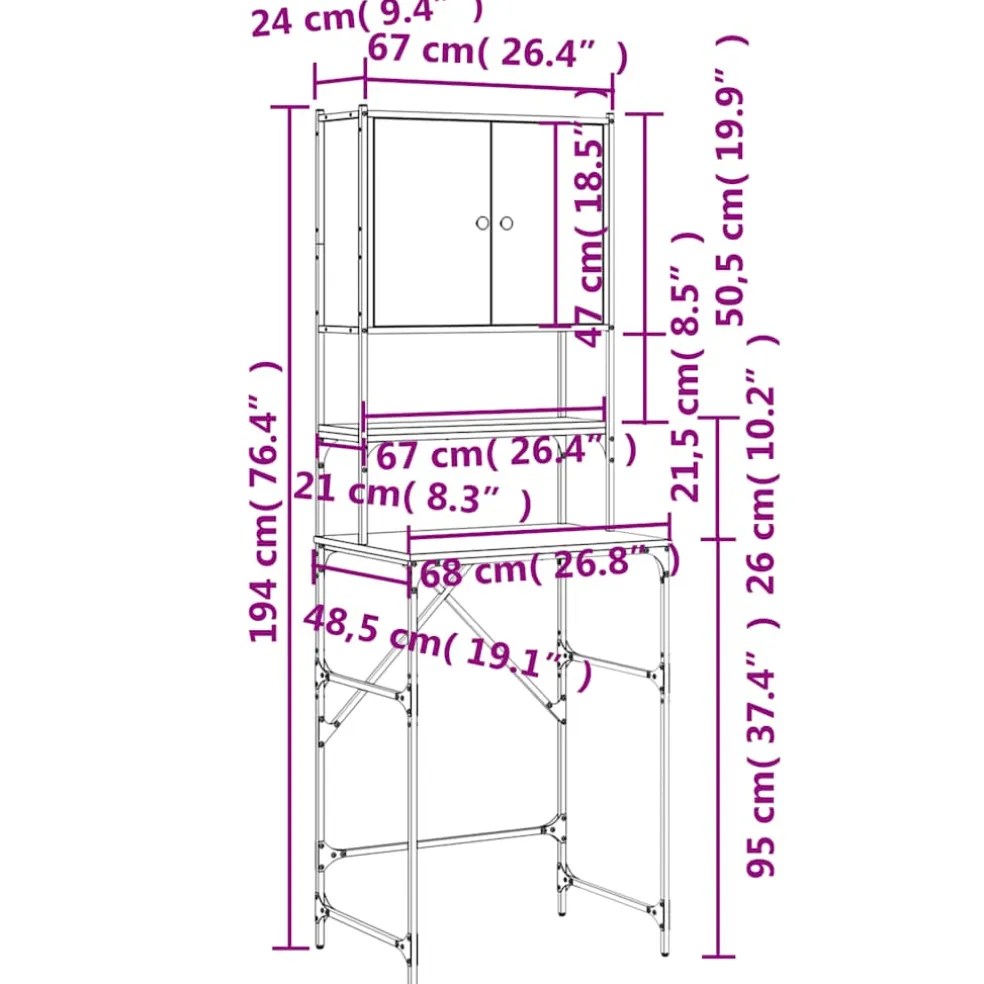 vidaXL Wasmachinekast 68x48,5x194 cm grijs sonoma eikenkleurig