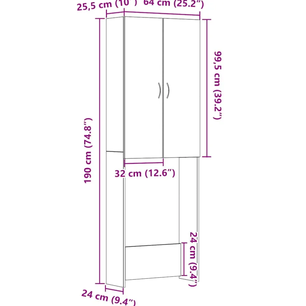 vidaXL Wasmachinekast 64x25,5x190 cm zwart eikenkleur
