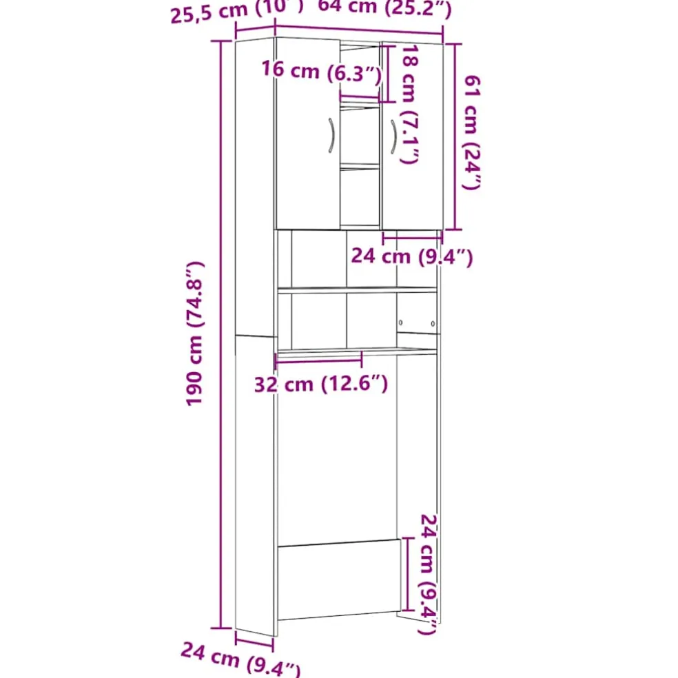 vidaXL Wasmachinekast 64x25,5x190 cm zwart eikenkleur