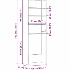 vidaXL Wasmachinekast Zwart Eiken 64 x 24 x 190 cm Bewerkt hout