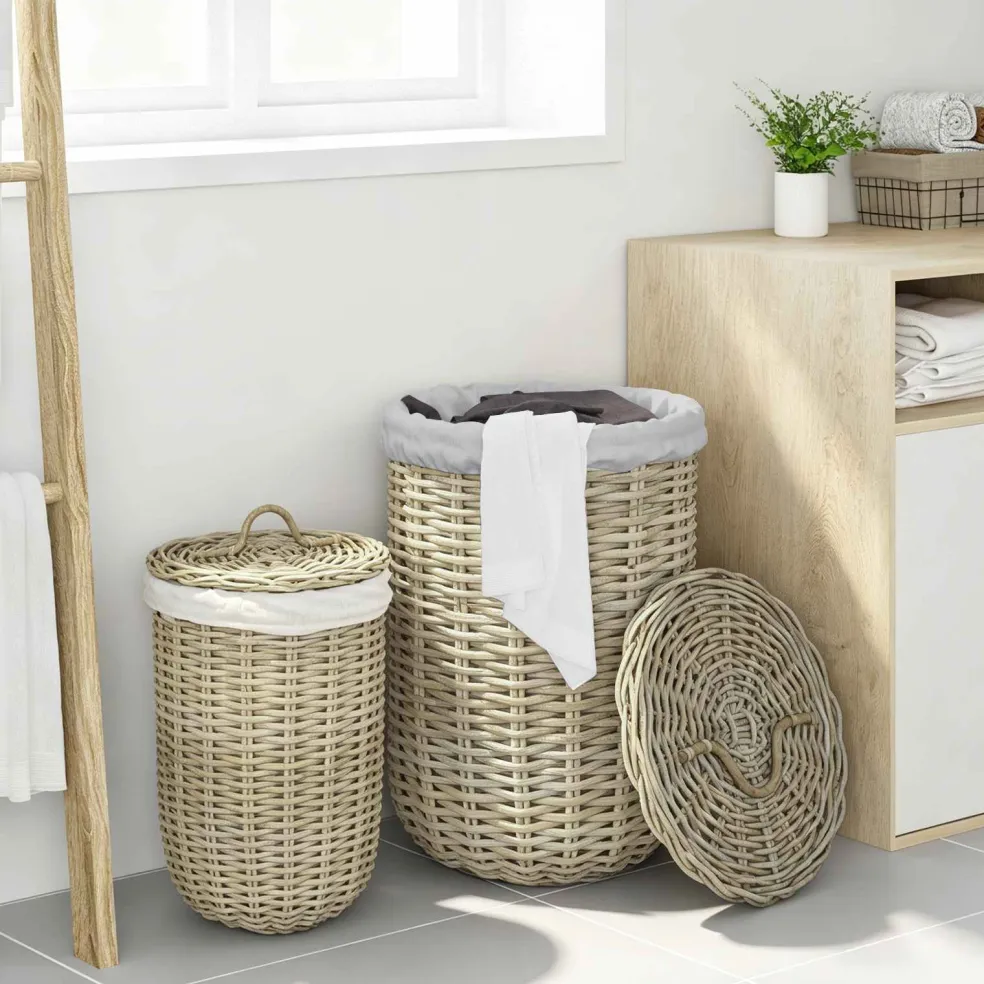 vidaXL Wasmand met deksel GENDT 2 st Natuurlijk grijs Kubu Rattan