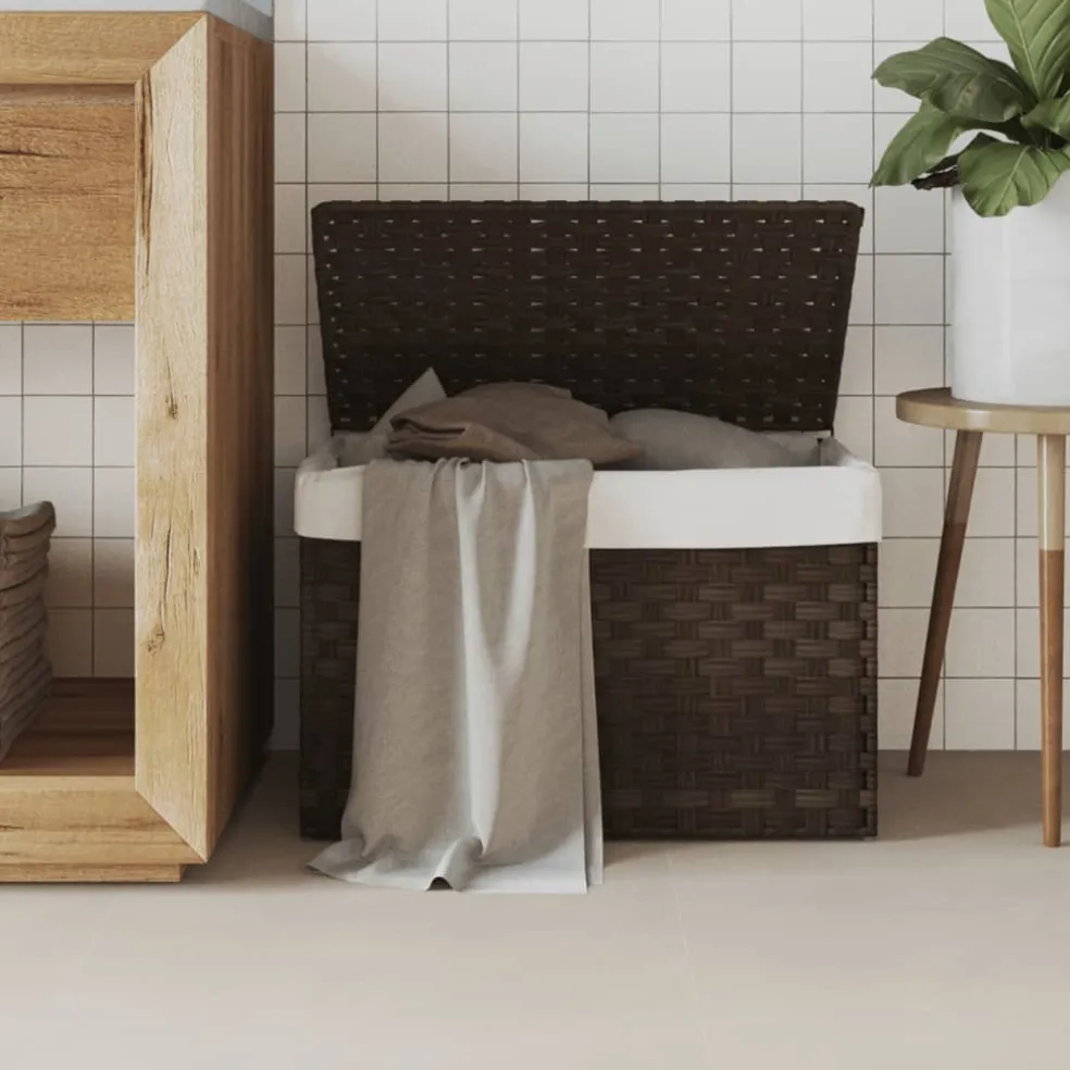 vidaXL Wasmand met deksel 55,5x35x34 cm poly rattan donkerbruin