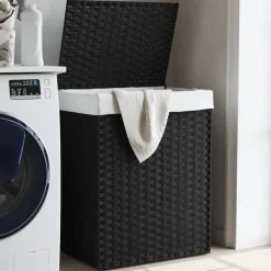 vidaXL Wasmand met deksel 46x33x60 cm poly rattan zwart