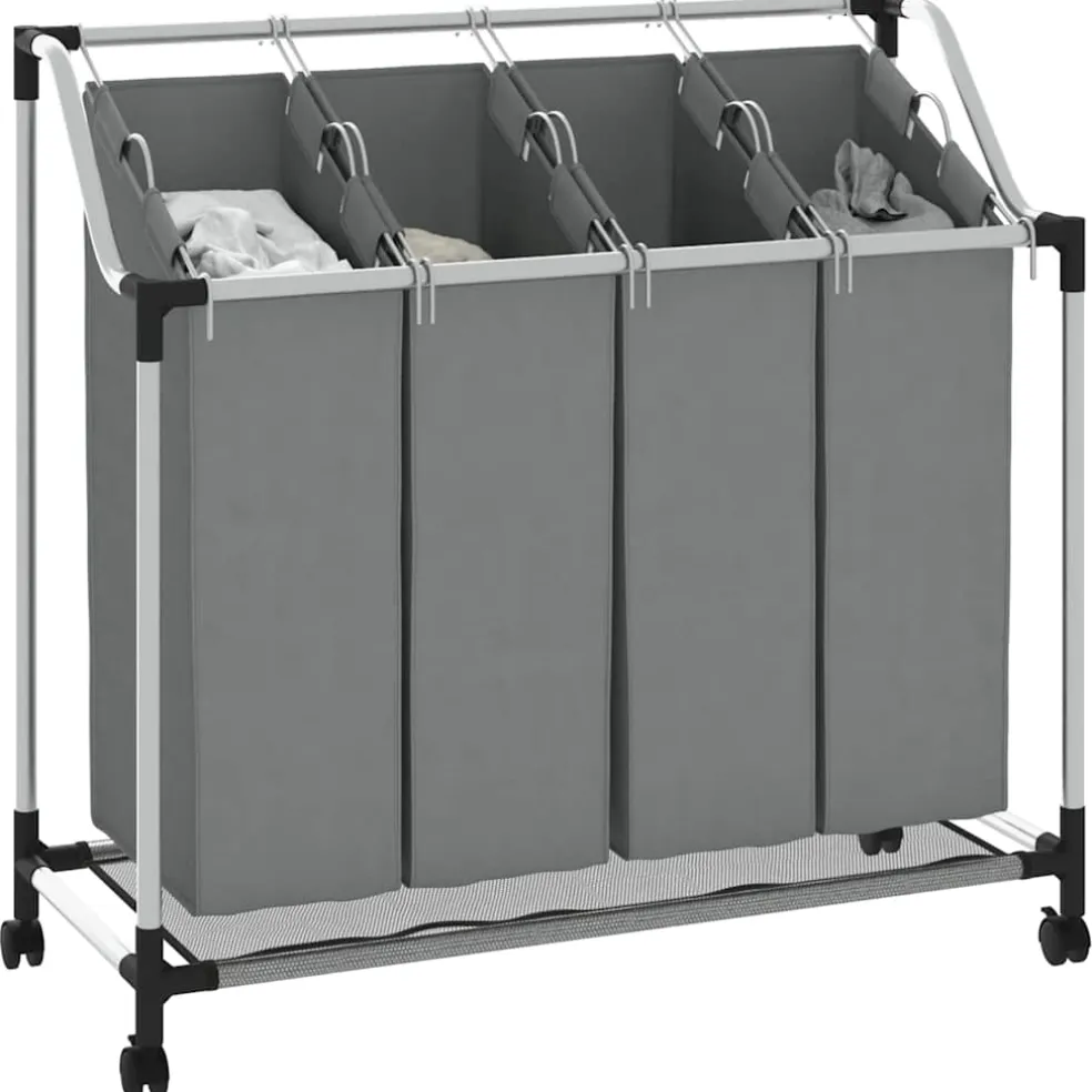 vidaXL Wasmand met wielen 4 vakken grijs
