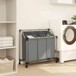 vidaXL Wasmand met wielen 3 vakken grijs