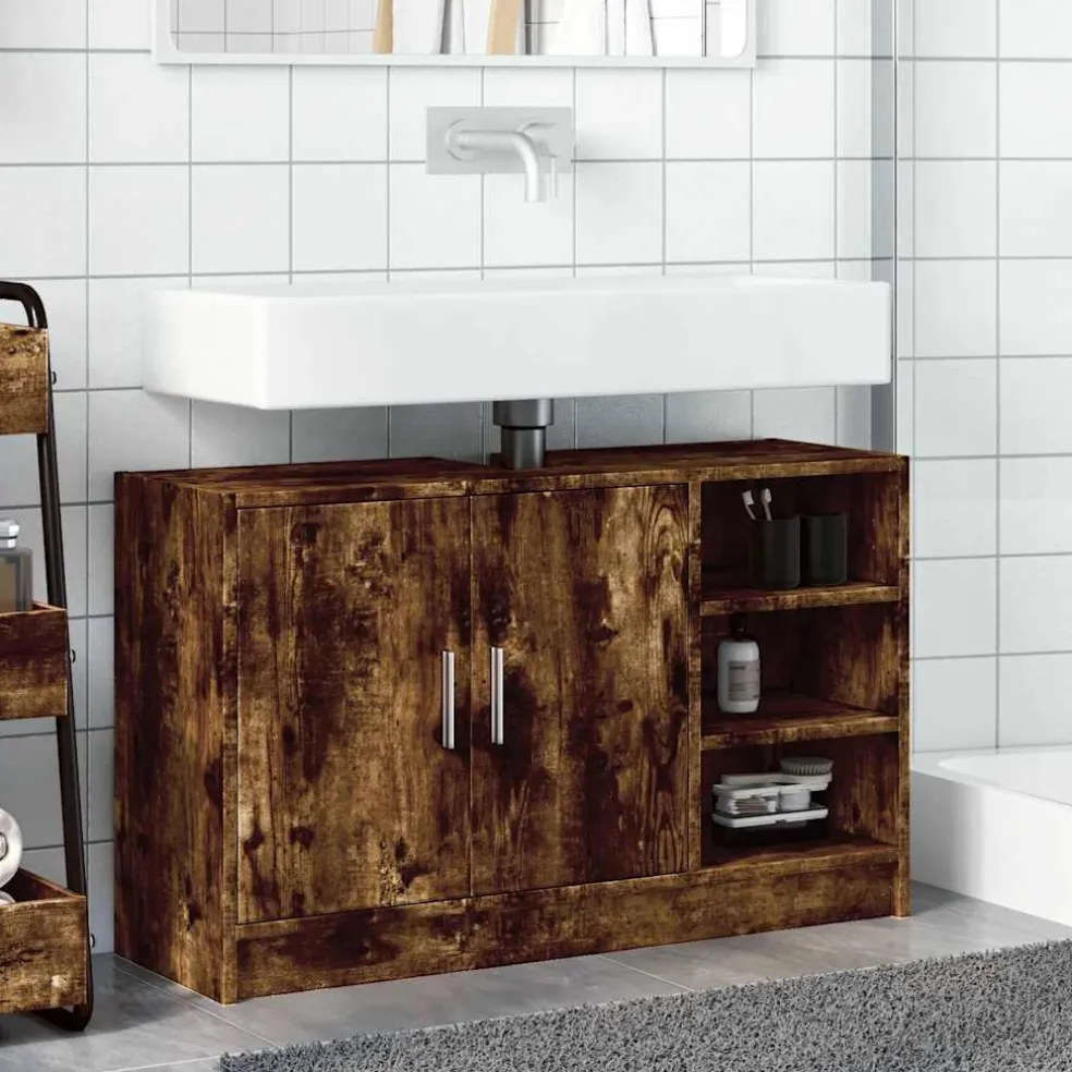 vidaXL Wastafelkast 90x29x55 cm bewerkt hout gerookt eikenkleurig