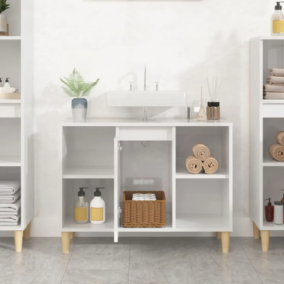 vidaXL Wastafelkast 80x33x60 cm bewerkt hout hoogglans wit