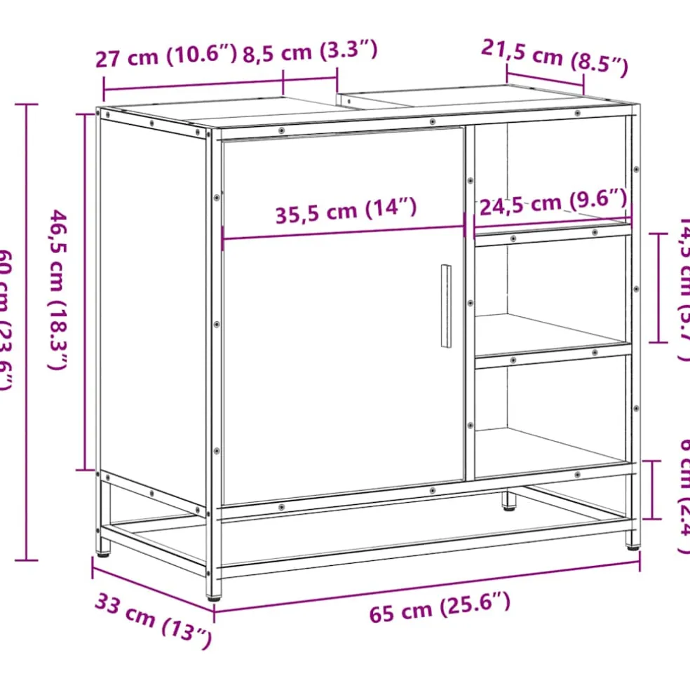 vidaXL Wastafelkast 65x33x60 cm bewerkt hout bruin eikenkleur