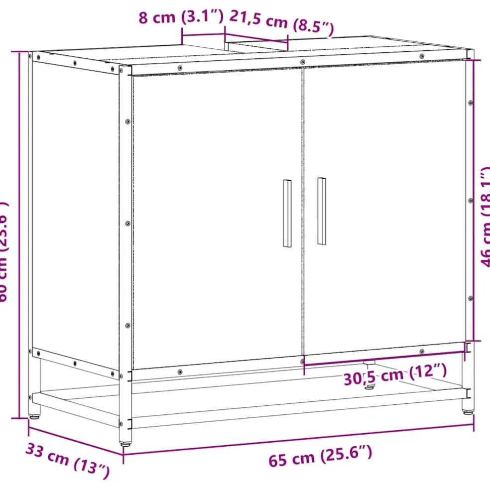 vidaXL Wastafelkast 65x33x60 cm bewerkt hout gerookt eikenkleurig