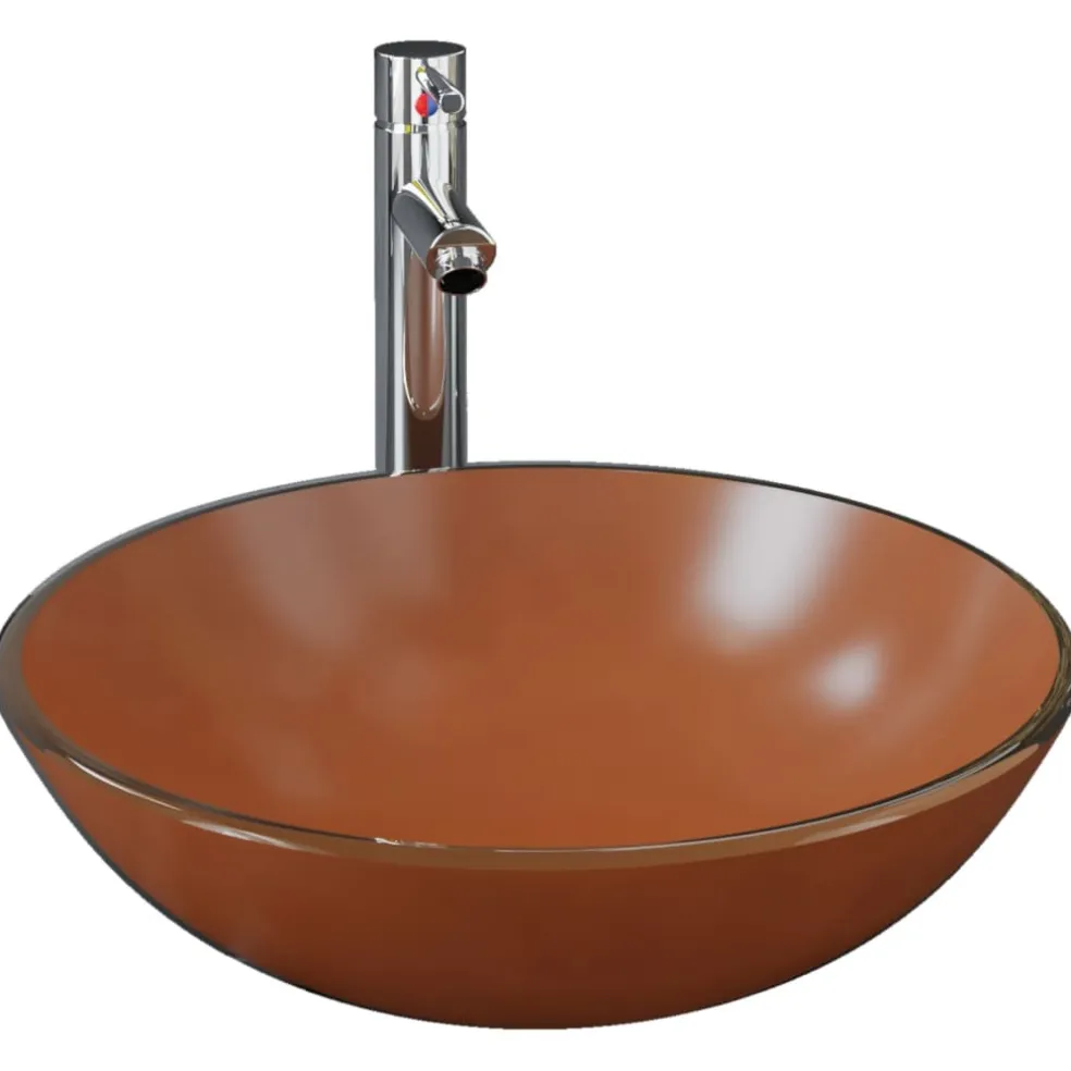 vidaXL Wastafel met kraan en pop-up afvoer gehard glas bruin