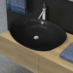vidaXL Wastafel met overloop zwart ovaal keramiek 59 x 38,5 cm