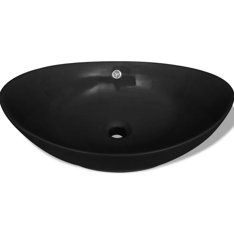 vidaXL Wastafel met overloop zwart ovaal keramiek 59 x 38,5 cm