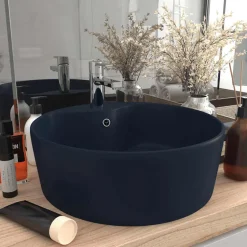 vidaXL Wastafel met overloop 36x13 cm keramiek mat donkerblauw