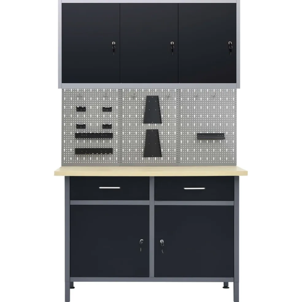 vidaXL Werkbank met drie wandpanelen en een kast