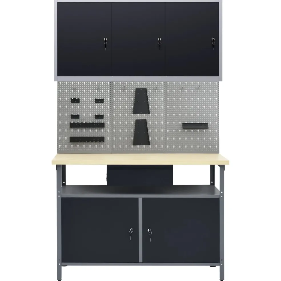 vidaXL Werkbank met drie wandpanelen en een kast