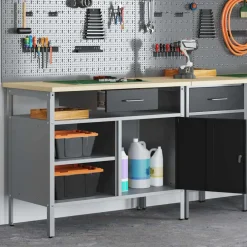 vidaXL Werkbank met lade met plank Zwart en Grijs 100 x 55 x 85 cm
