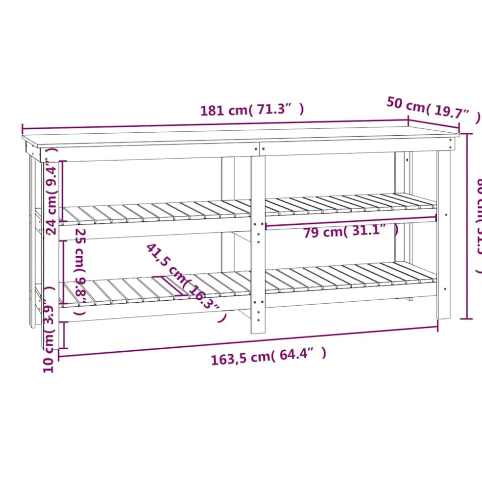 vidaXL Werkbank met plank Naturel 181 x 50 x 80 cm Massief grenenhout