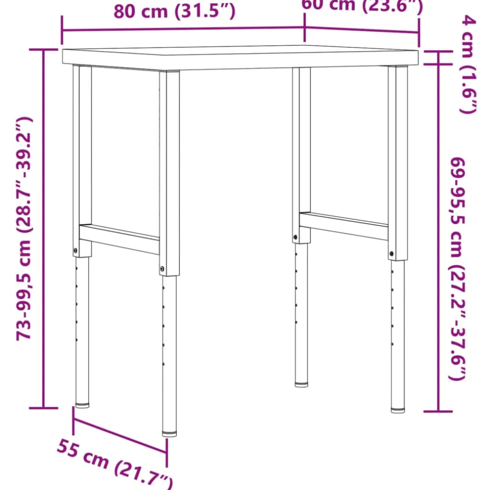 vidaXL Werkbank rechthoekig 80x60x(73-99,5) cm massief acaciahout