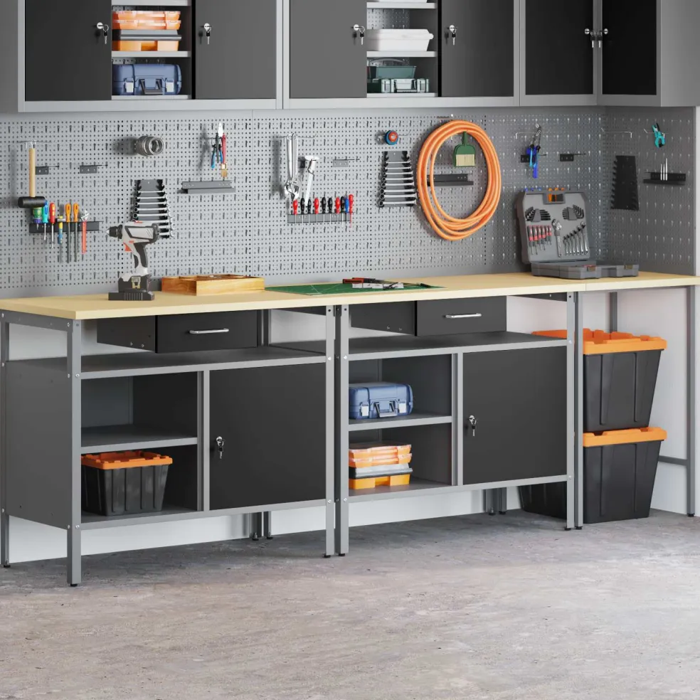 vidaXL Werkbankset 3 st Rood en Grijs Gepoedercoat staal
