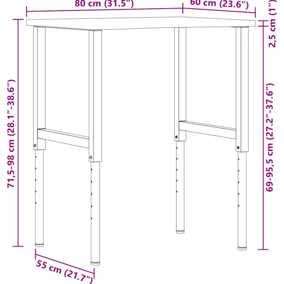 vidaXL Werkbank 80x60x(71,5-98) cm massief eikenhout