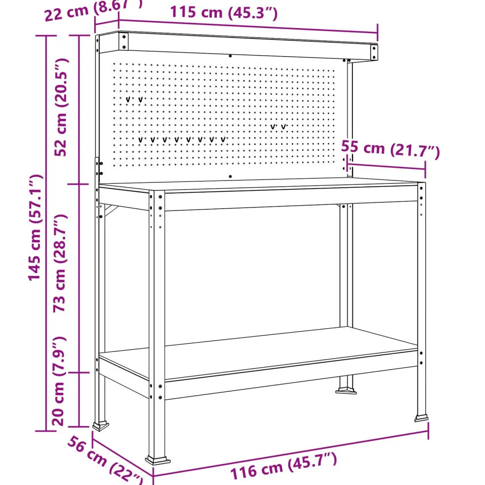 vidaXL Werkbank Zwart 114 x 54 x 145 cm Bewerkt hout en metaal