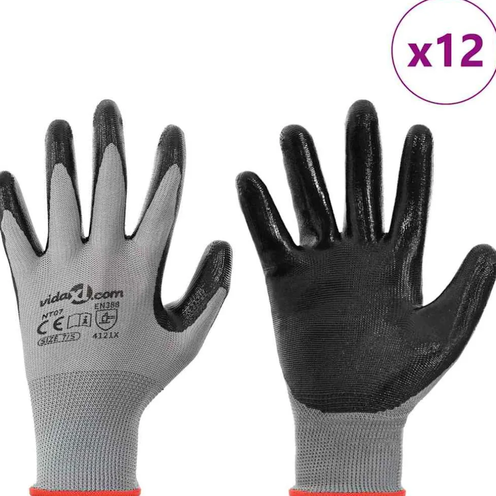 vidaXL Werkhandschoenen 12 st Grijs en zwart 7 / S Polyester