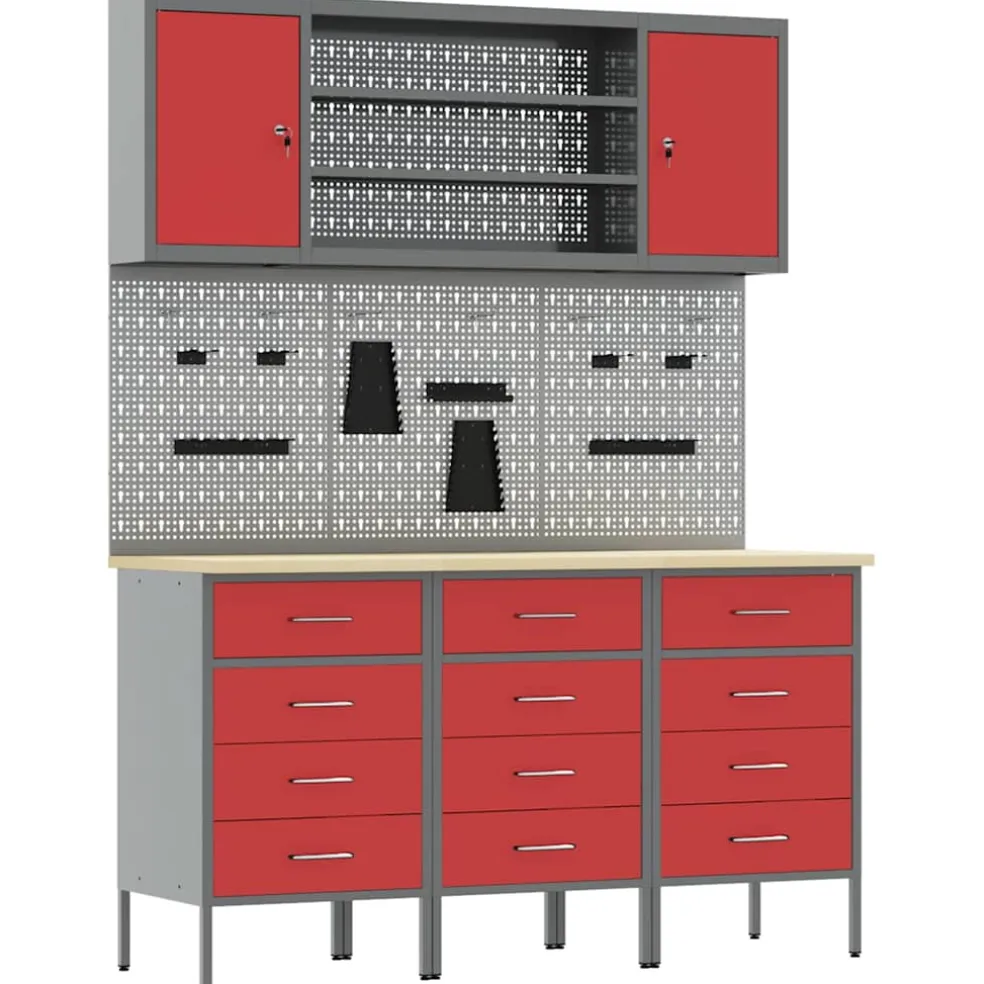 vidaXL Werk kast met lade met plank 7 st Rood Engineered hout en staal