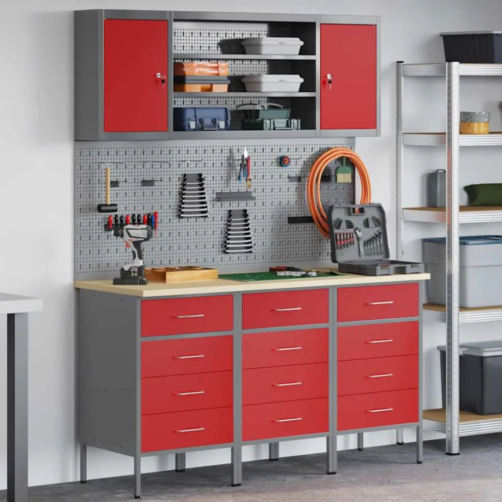 vidaXL Werk kast met lade met plank 7 st Rood Engineered hout en staal