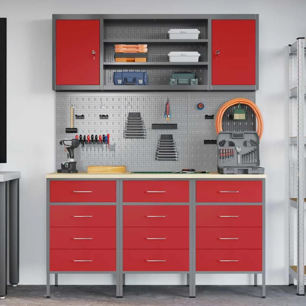 vidaXL Werk kast met lade met plank 7 st Rood Engineered hout en staal