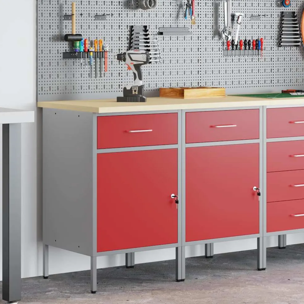 vidaXL Werk kast met lade met slot 2 st Rood en Grijs 100 x 55 x 85 cm