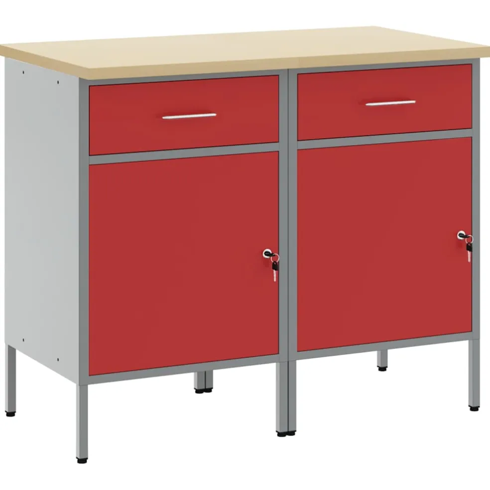 vidaXL Werk kast met lade met slot 2 st Rood en Grijs 100 x 55 x 85 cm