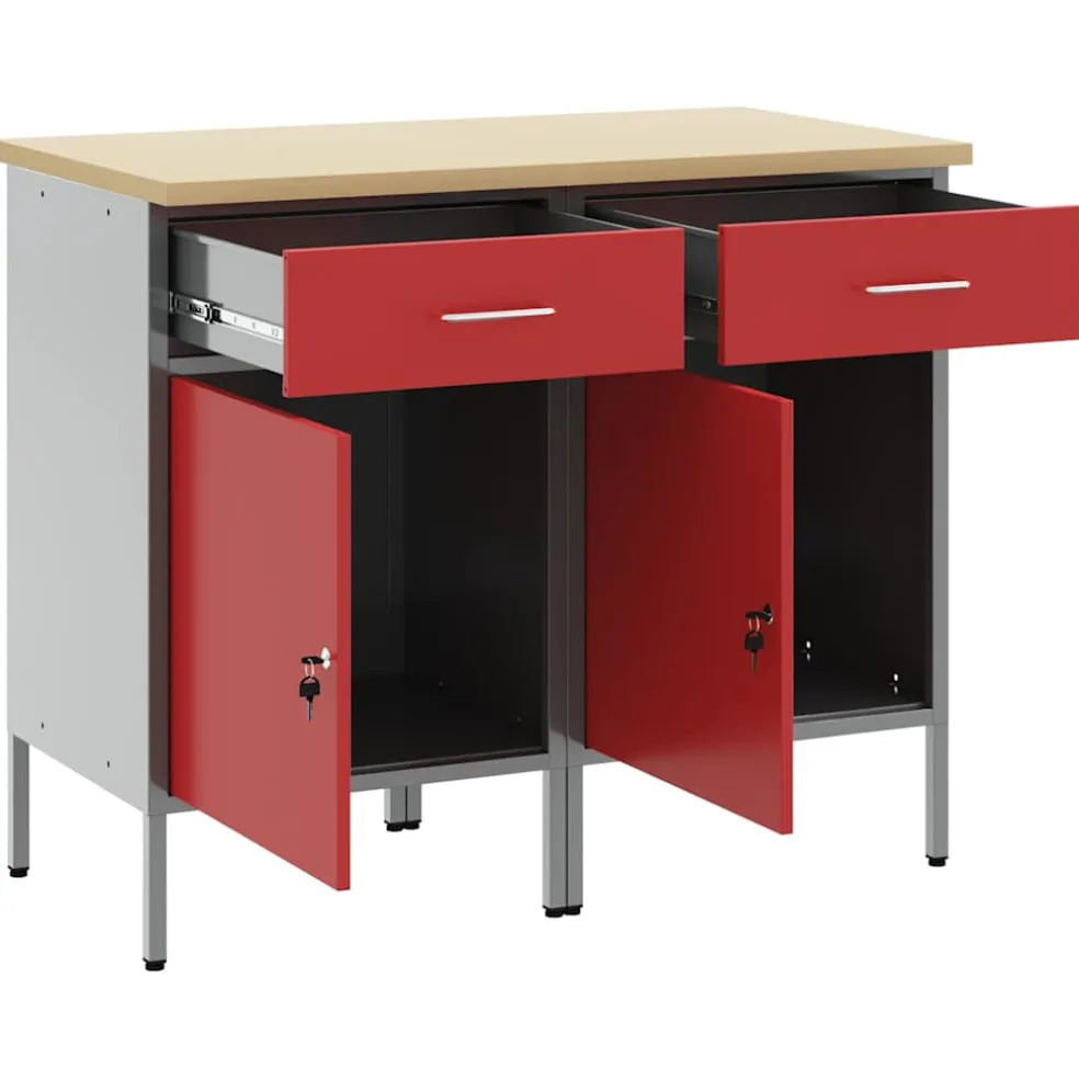 vidaXL Werk kast met lade met slot 2 st Rood en Grijs 100 x 55 x 85 cm