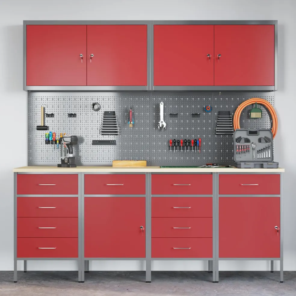 vidaXL Werk kast met lade met slot 10 st Rood Engineered hout en staal