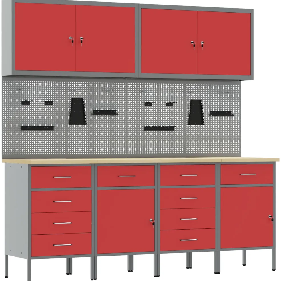 vidaXL Werk kast met lade met slot 10 st Rood Engineered hout en staal
